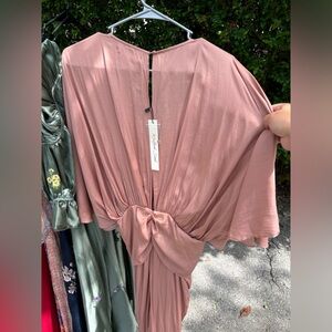 Blush colored drapy midi dress flattering